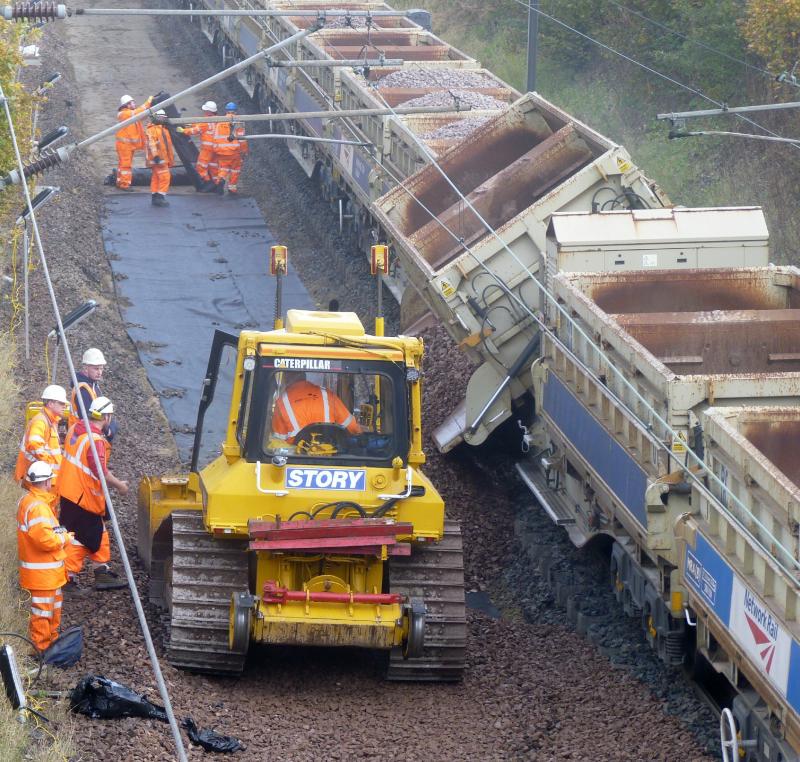 Side-tipping ballast wagon at Prestonpans 19 October 2014: Engineering work at Prestonpans involving side-tipping ballast wagons and a GPS-equipped bulldozer Photo of Side-tipping ballast wagon at Prestonpans 19 October 2014