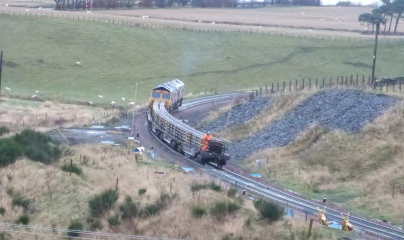 Diesels in the Borders: 66736/739 now in the Borders approaching the highest part of the line with the rail train Photo of Diesels in the Borders