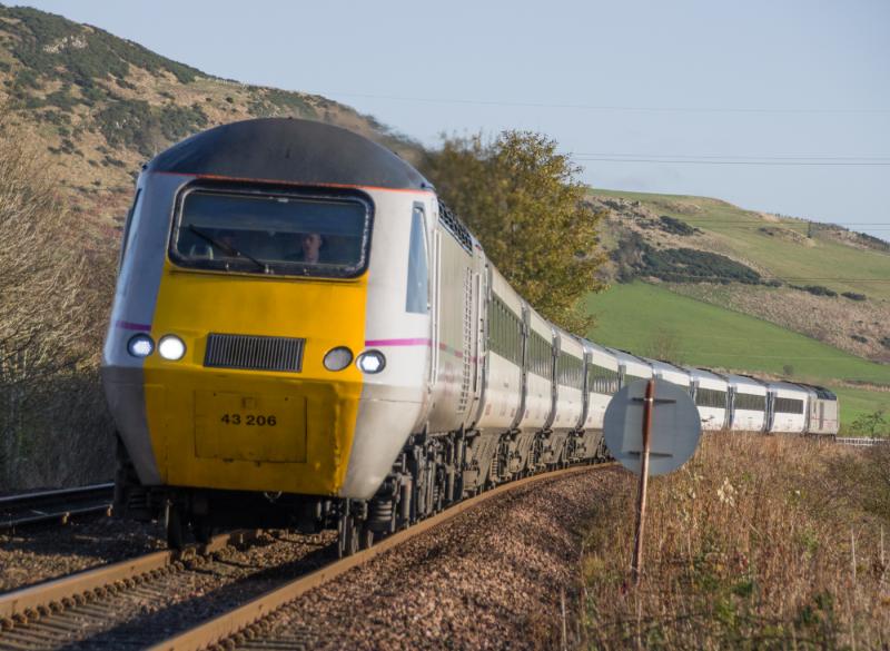 43206: 43206 on todays Highland Chieftain at Forgandenny, 43239 on the rear. 08/11/14. Photo of 43206