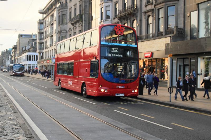 Lothian Remembrance Bus: Lothian Bus No 811 on service 41 in Poppy red Livery in Princes Street on 09/11/2014. How long will the poppies last? Photo of Lothian Remembrance Bus