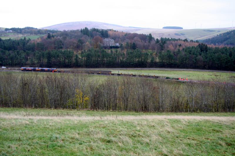 Crookstone Mill: Rail laying train Crookstone Mill north of Fountainhall laying its last load of rails for Thurs 13/11/2014. Photo of Crookstone Mill