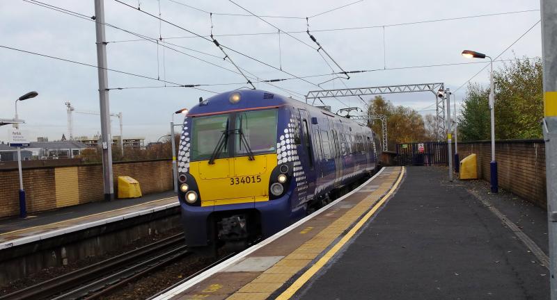 Partick Interchange: A Class 334 arrives at Partick Station on a dull morning in early November 2014. Photo of Partick Interchange
