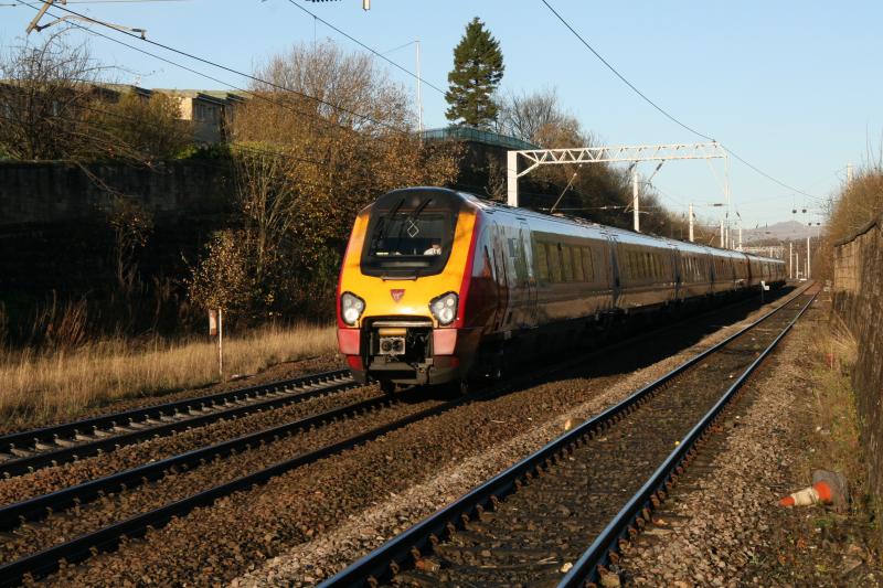 Voyager at Coatbridge Central: 221112 & 221111 working Edinburgh to London Euston diverted via Coatbridge central on 30 November 2014 Photo of Voyager at Coatbridge Central
