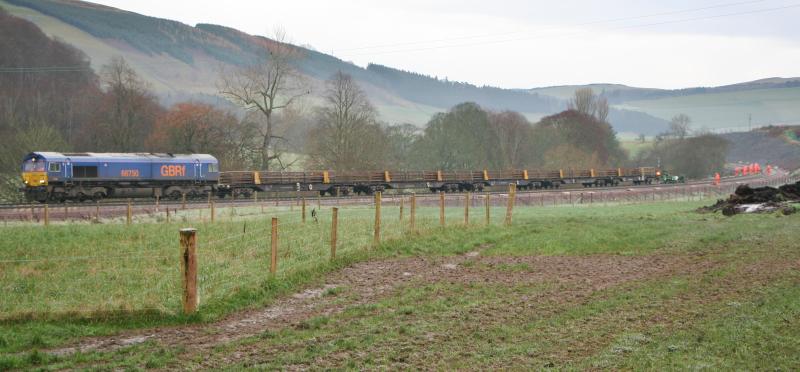 Rail laying south of Stow: Thur 4th Dec and rail laying approaching the extent of laid sleepers at Ferniehurst. Photo of Rail laying south of Stow