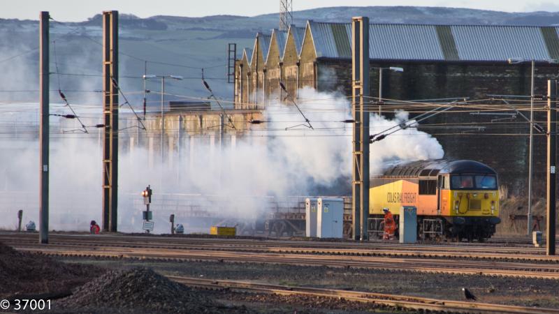 56105 starts up at Falkland: Colas 56105 starts up in Falkland yard, Ayr prior to working 6K05 engineers train to the nearby possession at Irvine Photo of 56105 starts up at Falkland