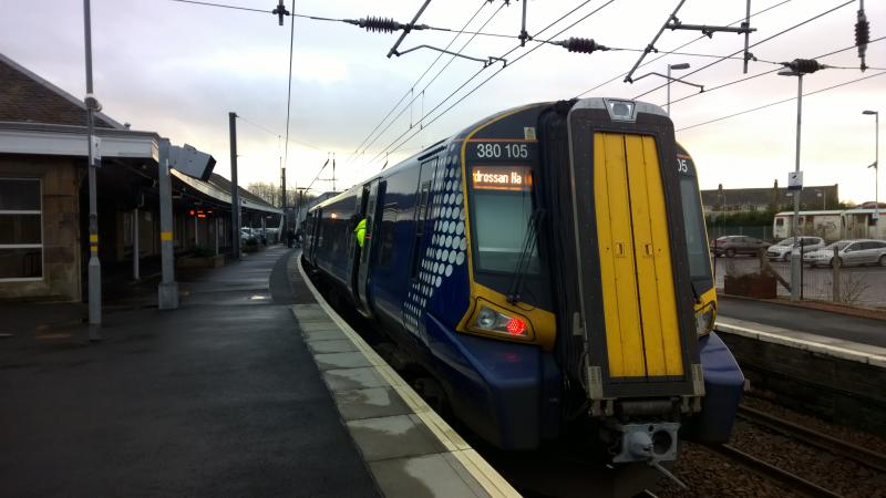 380 105 at Killwinning: 380 105 stops at Killwinning. Photo taken on 24/1/15. Photo of 380 105 at Killwinning