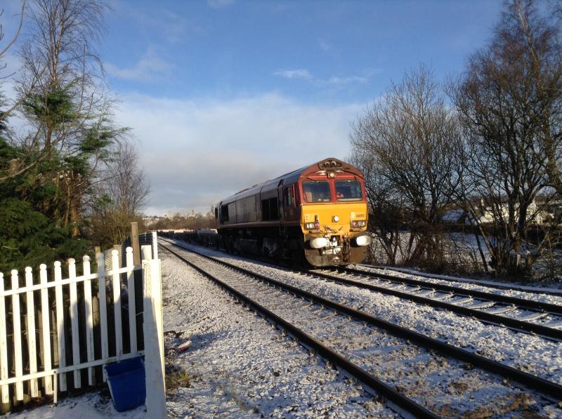 Class 66: Class 66 66105 on a snowy January morning heading to Hartlepool Photo of Class 66