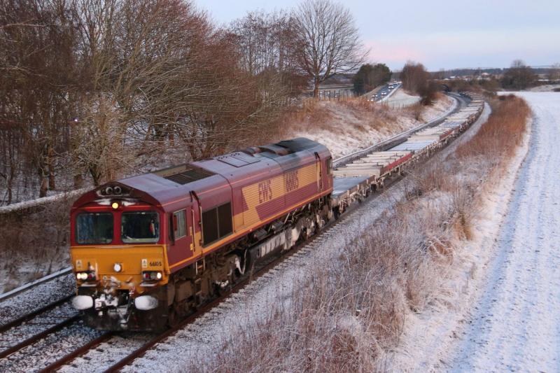 66105_Empty pipe train_Luncarty: Snowy January morning heading to Hartlepool Photo of 66105_Empty pipe train_Luncarty