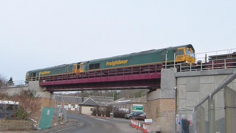Wheatlands Bridge: 66614 / 66619 Freightliner locos today on the Rail Laying Train passing over Wheatlands Bridge in Galashiels. Photo of Wheatlands Bridge