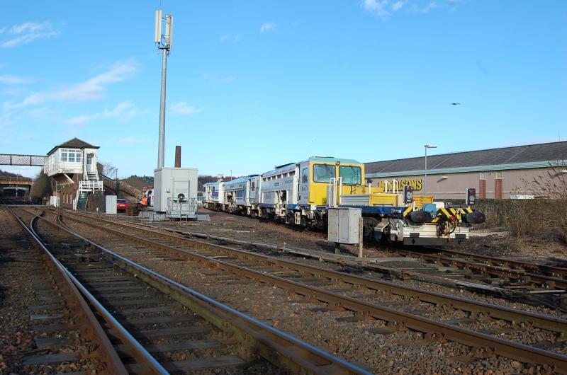 Tight squeeze: DR73933 nearest camera and DR73932 at the buffer end just manage to fit inside the Up South siding at Arbroath. 3/2/15 Photo of Tight squeeze