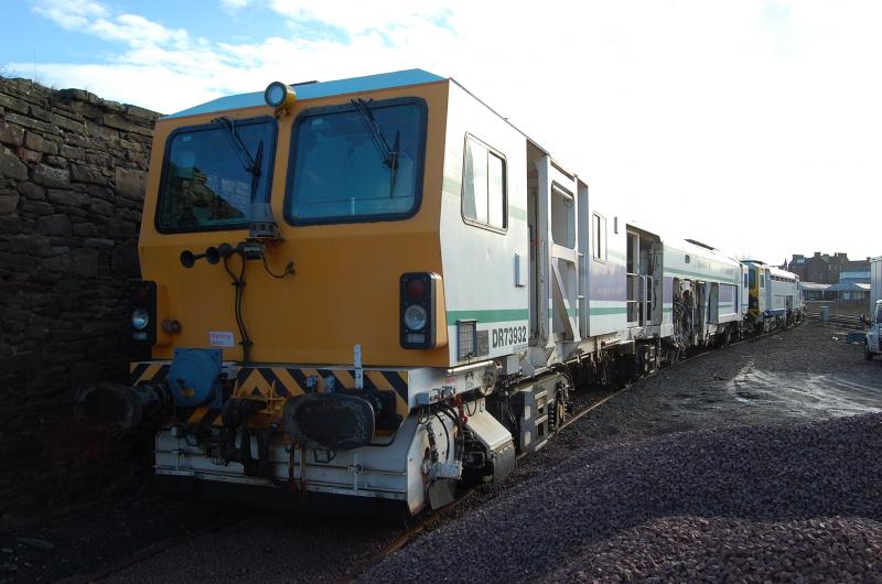 Tamper town: DR73932 nearest camera and DR73933 at the far end just manage to fit inside the Up South siding at Arbroath. 3/2/15 Photo of Tamper town