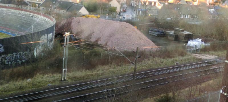 materials stockpile: Ballast stockpiled at Meadowbank velodrome ECML Photo of materials stockpile