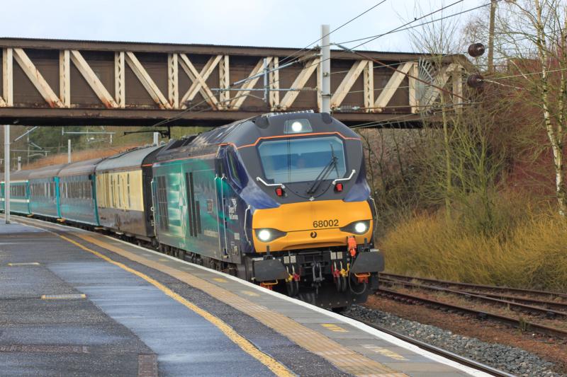 Photo of 68002 'Intrepid' at Carstairs on southbound Welsh rugby special 16.2.2015