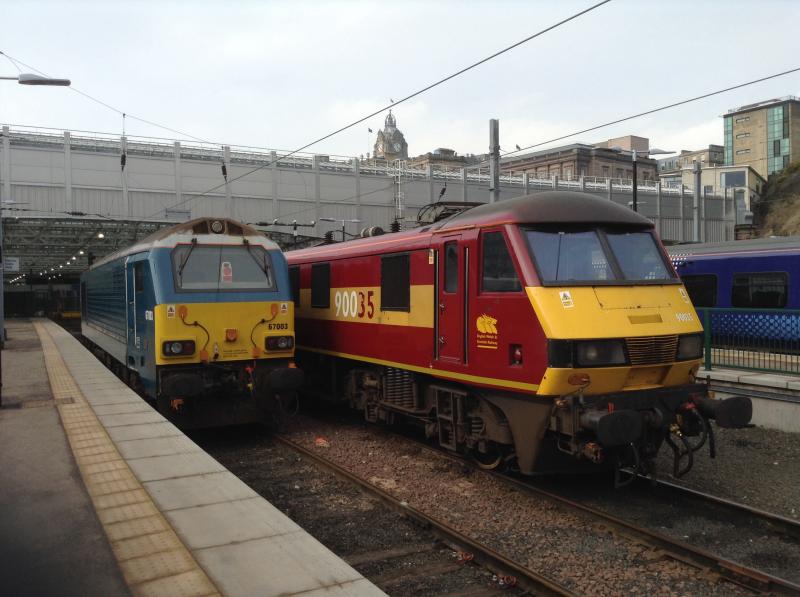 Class 90: Class 90 90035 and Class 67 67003 at Edinburgh Waverley on Friday 13/02/15 Photo of Class 90
