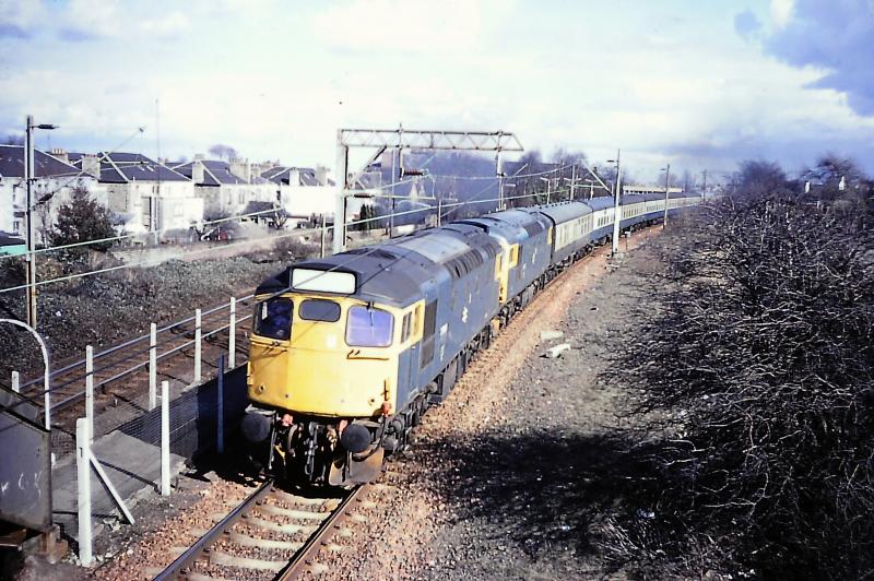 27021 + 27011: Aberdeen to King's Park footex (for Scottish League Cup Final) passing Burnside, 31 March 1979 Photo of 27021 + 27011