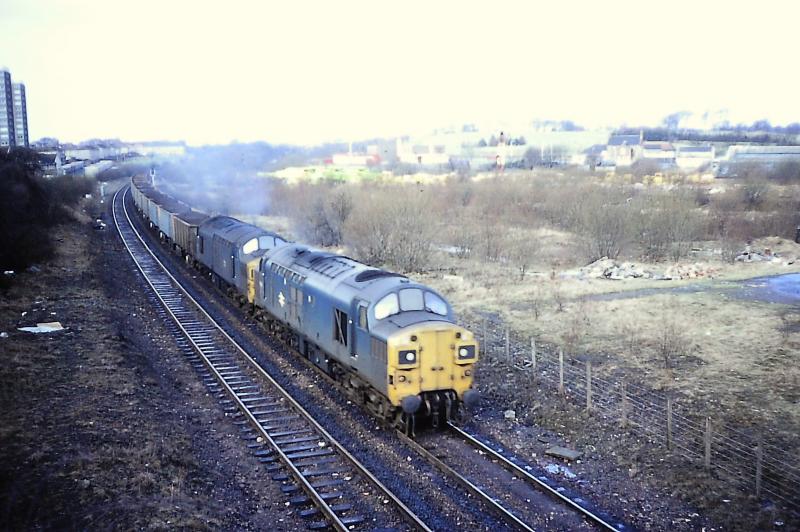 Pair of 37s at Langloan: Double-headed iron ore train to Ravenscraig, 4 March 1979 Photo of Pair of 37s at Langloan