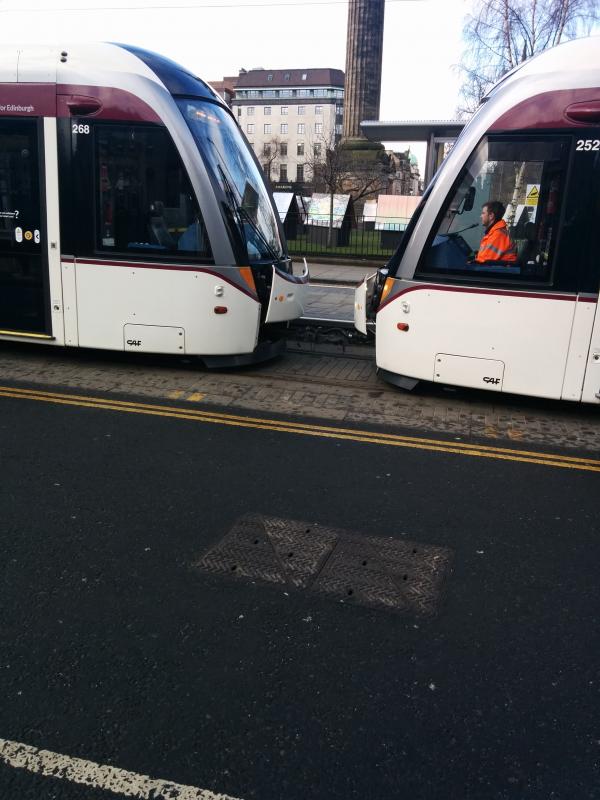 Double tram at St Andrew Square : 262 and 258 coupled together after one failed, 2/3/15 Photo of Double tram at St Andrew Square