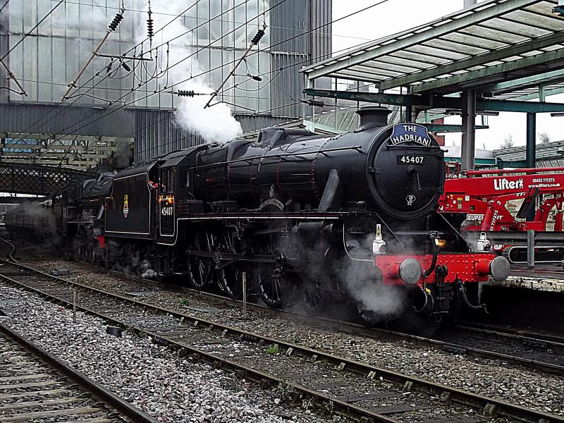 45407 and 45690 at Carlisle: Ex LMS 5MT 45407 The Lancashire Fusilieer, leads Jubilee 45690 Leander, arriving at Carlisle with the Hadrian on Saturday 7th March 2015. Photo of 45407 and 45690 at Carlisle