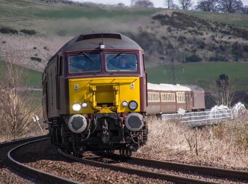 57313 T&T 57315: 1Z88 at Forgandenny.57313 leads with 57315 on the rear as they cross the river Earn at Forgandenny. 23/03/15 Photo of 57313 T&T 57315