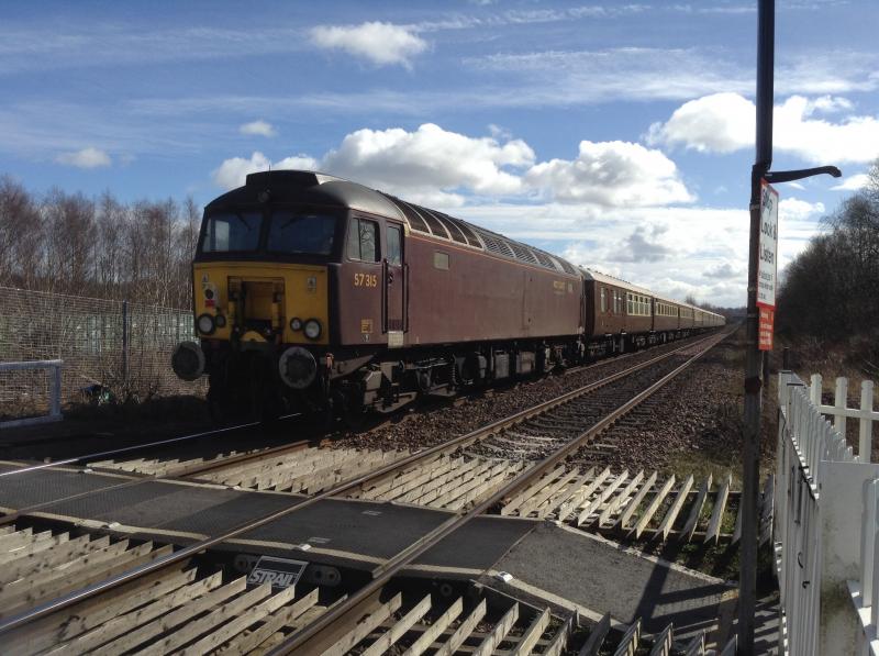 Class 57: Class 57 57313 leads the Statesman through Stirling backed up by 57315 on 23/03/15 Photo of Class 57
