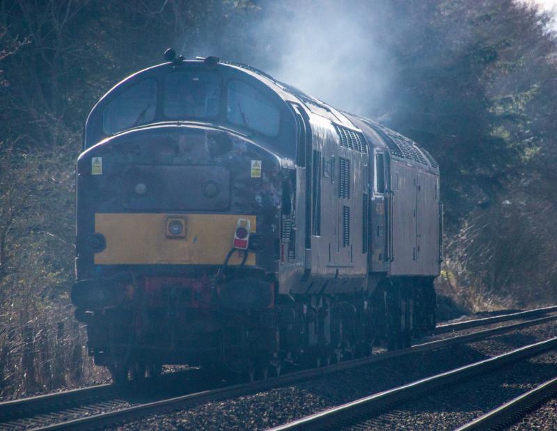 37685: Damaged 37685 is dragged south by 47851 at Forgandenny. 25/03/15. Photo of 37685