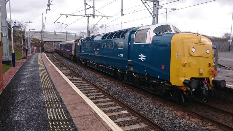 55003 passes Bargeddie : 55003 passes Bargeddie with the 5Z55 Inverness - Polmadie Sleeper stock move (27.03.15). Photo of 55003 passes Bargeddie