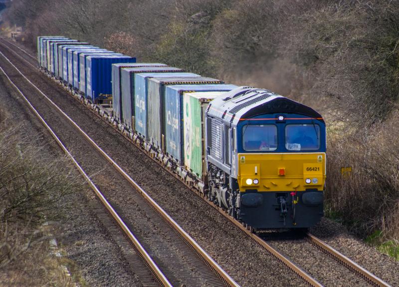 66421: 4A13 heads north at Forgandenny. 02/04/15. Photo of 66421