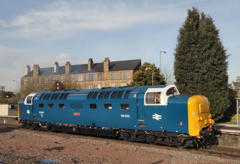 Photo of 55003 passes Larbert with 0Z55 for Glasgow Works