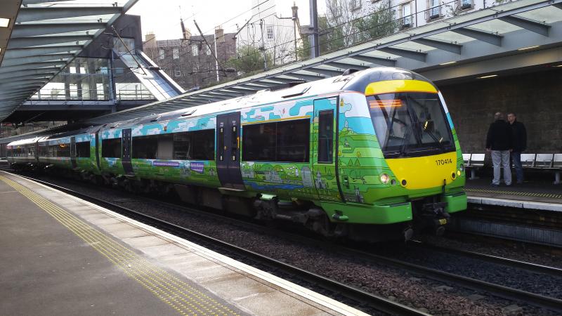 In Anticipation: A Class 170 promotes the new route as it stops at Haymarket in April 2015. Good to see Time Table now published! Photo of In Anticipation