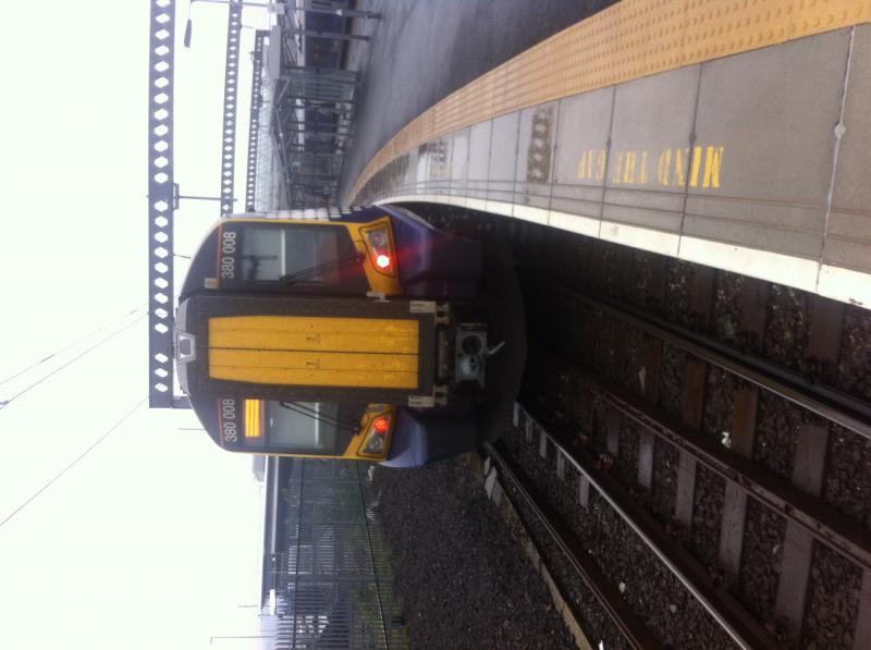 Faulty destination on 380008 at Gourock 2/5/15: 380008 seen at Gourock on a very wet 2/5/15. Note the faulty destination screen. They were all faulty throughout the whole unit Photo of Faulty destination on 380008 at Gourock 2/5/15