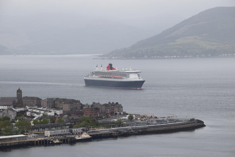 Queen Mary 2 on the Clyde, 21 May 2015: Off Gourock Pier about 06:40 (and a pair of class 314 units arriving with 05:55 from Glasgow) Photo of Queen Mary 2 on the Clyde, 21 May 2015