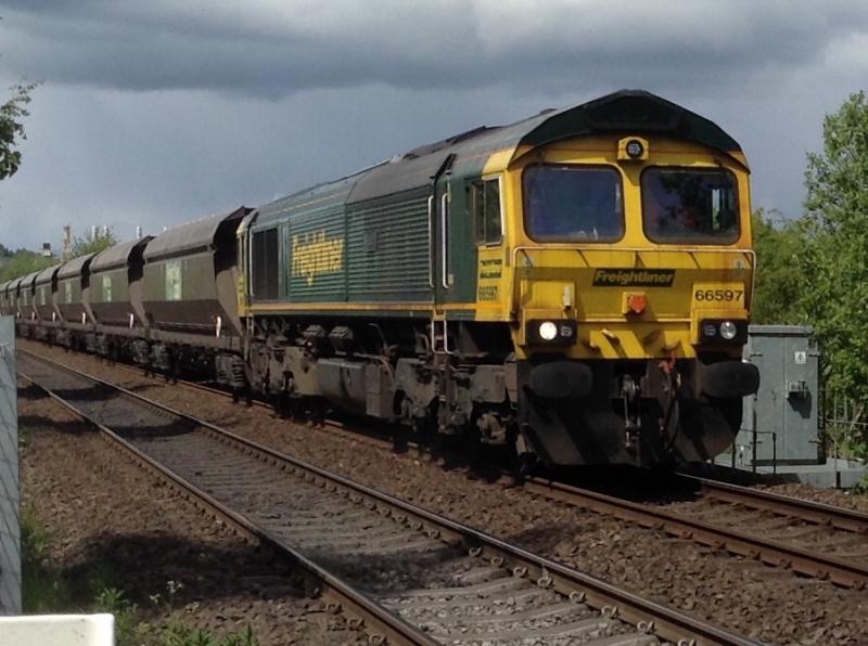 Class 66: Class 66 66597 Viridor through Stirling from Longannet to Hunterston on Friday 29/05/15 Photo of Class 66