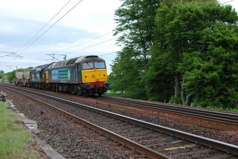 Nuclear flask train approaching Lamington Bridge: 57012 and 37609 hauling a southbound nuclear flask train (6M50) approaching Lamington Bridge in the early evening of 16th June. Photo of Nuclear flask train approaching Lamington Bridge