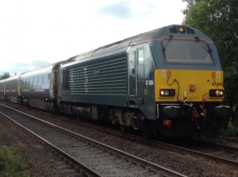 Class 67: Class 67 67004 Cairn Gorm through Stirling bound for Polmadie with empty Caledonian Sleeper stock on 23/06/15 Photo of Class 67