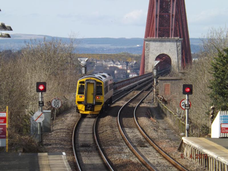 Forth Crossing: A Class 158 heads north over the Forth Bridge in April 2015. Photo of Forth Crossing