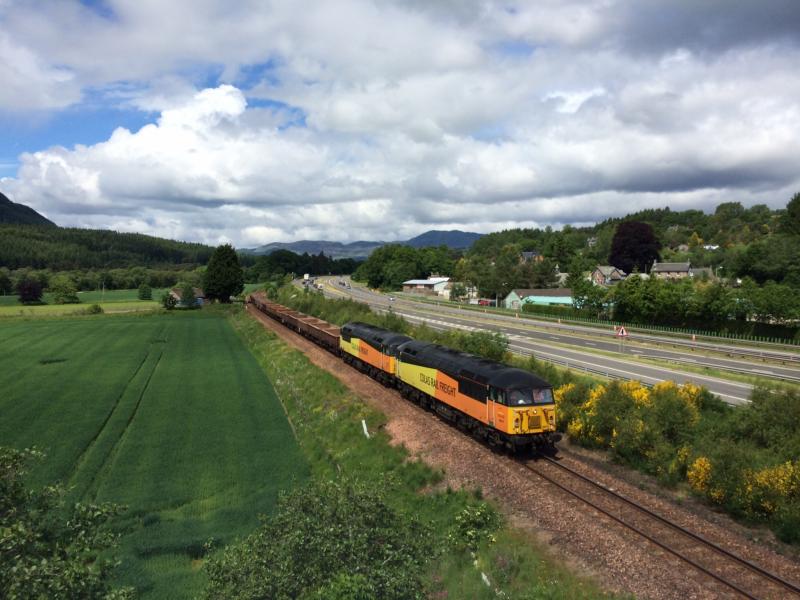 56078 56113 6K25 Pitlochry 210615 : 56s just south of Pitlochry on Moy to Millerhill spoil train Photo of 56078 56113 6K25 Pitlochry 210615