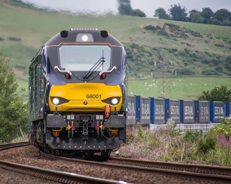 68001: 68001 heads south with 4D47, seen passing Forgandenny. 13/07/15. Photo of 68001