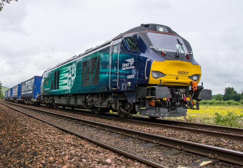 68001: 68001 heads south with 4D47, seen passing Forgandenny. 13/07/15. Photo of 68001