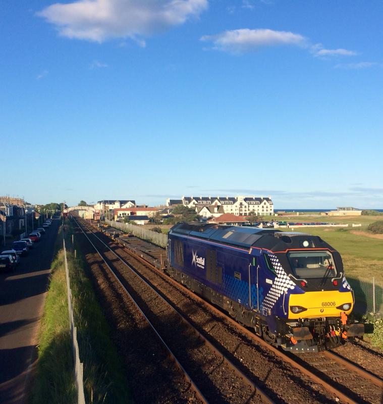 68006 4N83 230715 Carnoustie : ScotRail on the freight from Aberdeen to Grangemouth hurries through Carnoustie, with plenty fresh air behind the SpotRail loco and 9 boxes at the rear Photo of 68006 4N83 230715 Carnoustie