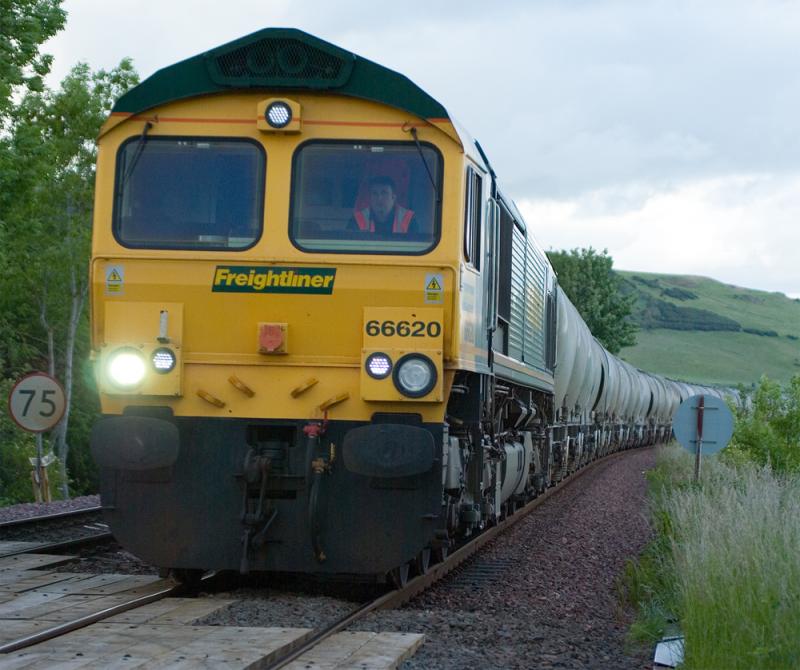 66620: 66620 heads south at Forgandenny with empty cement tanks. 19-06-2008 Photo of 66620