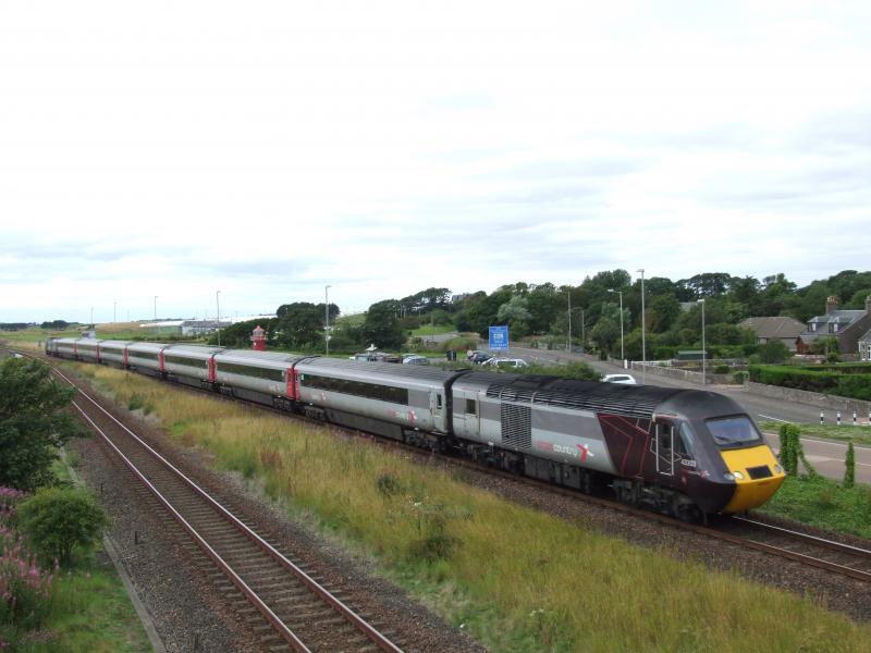 XC HST at Elliot: Very late running 1S03 Leeds to Aberdeen passes Elliot on 12th August 2015. Went out looking for new VTEC livery and found this. Photo of XC HST at Elliot