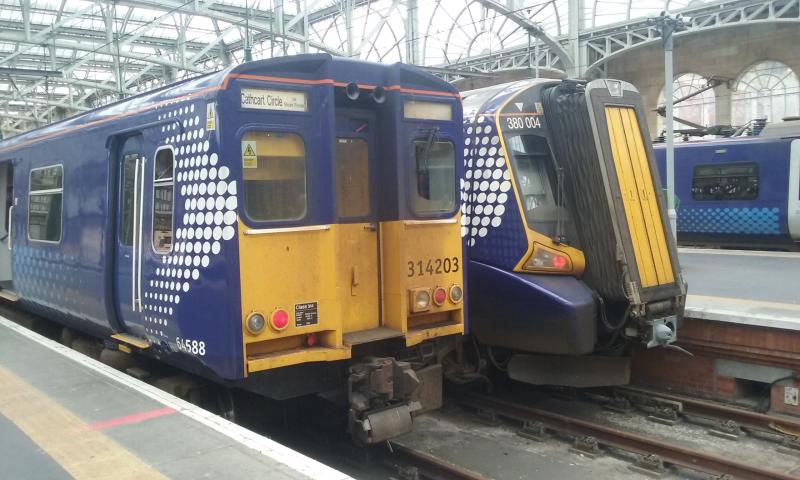 314 203 & 380 004 at Glasgow : The picture is near the 314 than 380 so its going in the 314 gallery. Photo of 314 203 & 380 004 at Glasgow