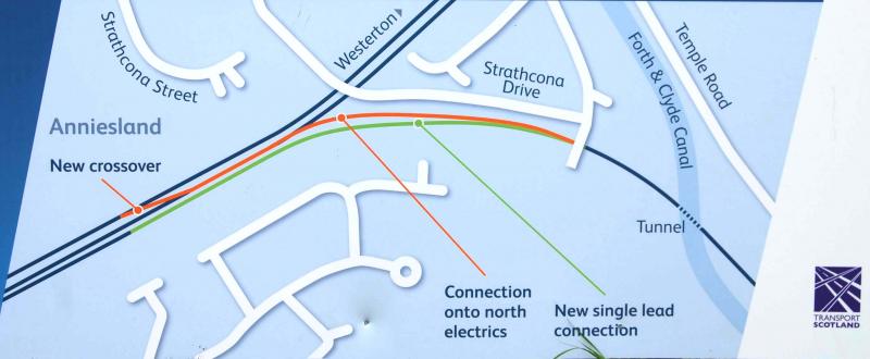 Anniesland-Kelvindale EGIP works: The new track work Layout between the stations.
Taken from 1 of the new NETWORK RAIL signs now displayed near to the work site Photo of Anniesland-Kelvindale EGIP works