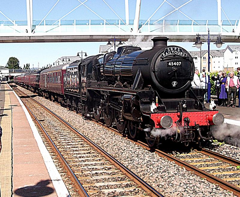 45407 at Stirling: Deputising for Union of South Africa, Ex LMS 5MT 45407 The Lancashire Fusileer waits its path at Stirling, with the morning Fife Circe railtour from Linlithgow, on Sunday 6th September 2015. Photo of 45407 at Stirling
