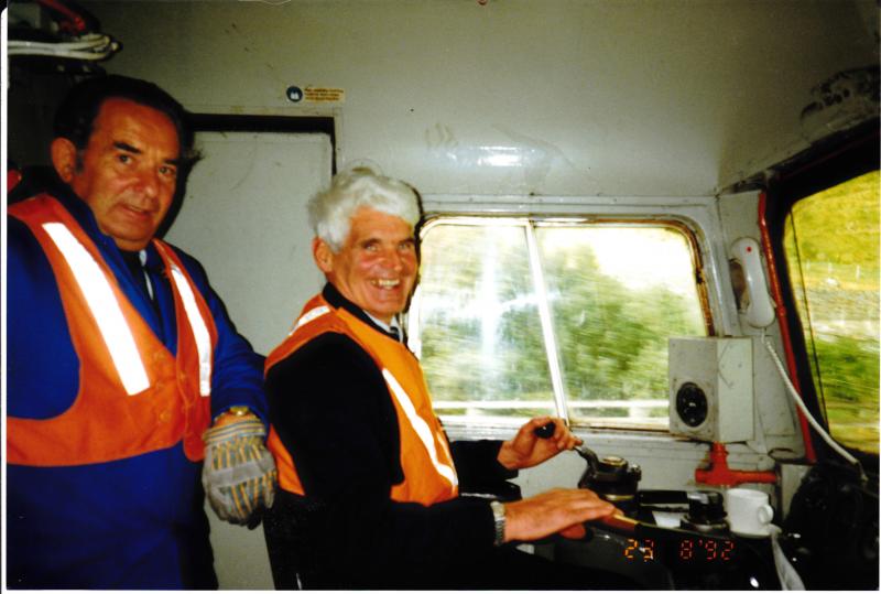 JC In Control: John Cameron driving D5300 (aka 26007) somewhere betwean Oban and Criannlarich on the return journey of the two green 26's, August 1992. The traction inspector is George Steel. Photo of JC In Control