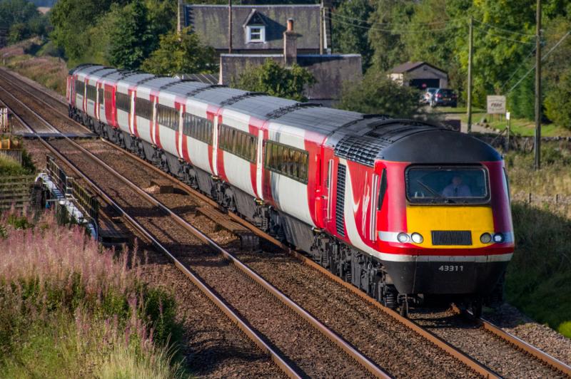 43311: 43311 heads the ECS over the LC at Forteviot heading to Perth today ready to form todays up Highland Chieftain 43310 is on the rear. Photo of 43311