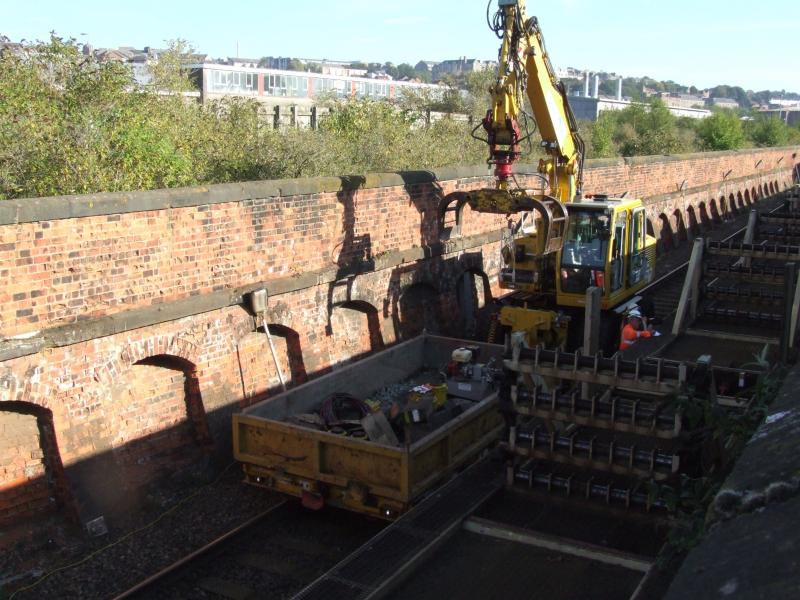 Dundee derailment: Looking over the wall at the derailment at Dock Street tunnel, Dundee. Picture taken 29th September 2015. Photo of Dundee derailment