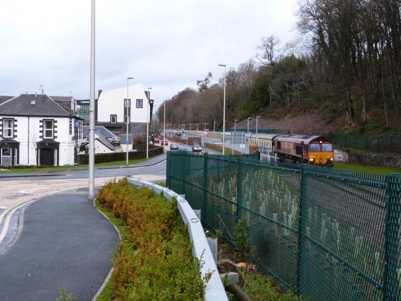 66003 in Galashiels Station en-route to Tweedbank along with 66011: 66`s top & tailing tour train through Galashiels on 30/12/2015 Photo of 66003 in Galashiels Station en-route to Tweedbank along with 66011