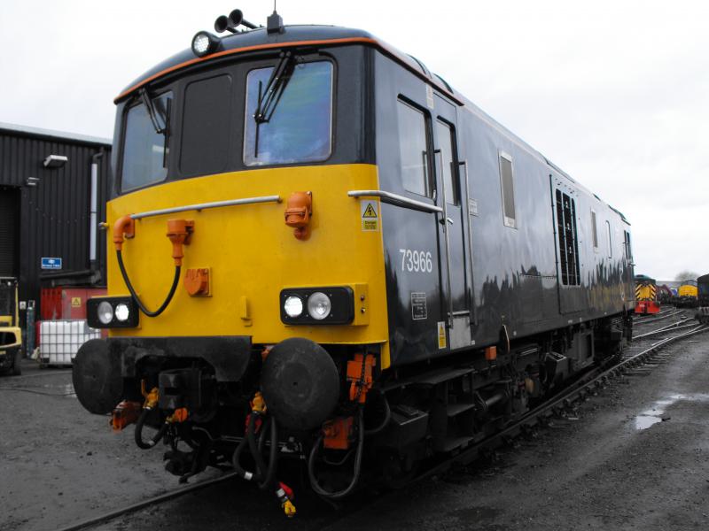 73966 seen from Museum footpath: 73966 prepares to head down for 1230 departure. Photo of 73966 seen from Museum footpath