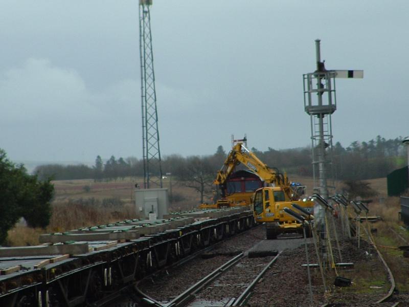 Laurencekirk Track Re-laying 10 Jan 2016: Sleepers being un-loaded at Laurencekirk 10 January 2016 Photo of Laurencekirk Track Re-laying 10 Jan 2016